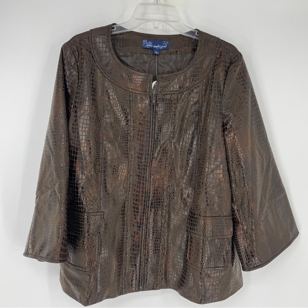 Susan Graver Faux Leather Jacket Womens Size L Brown Snake Skin Print Lined 3/4